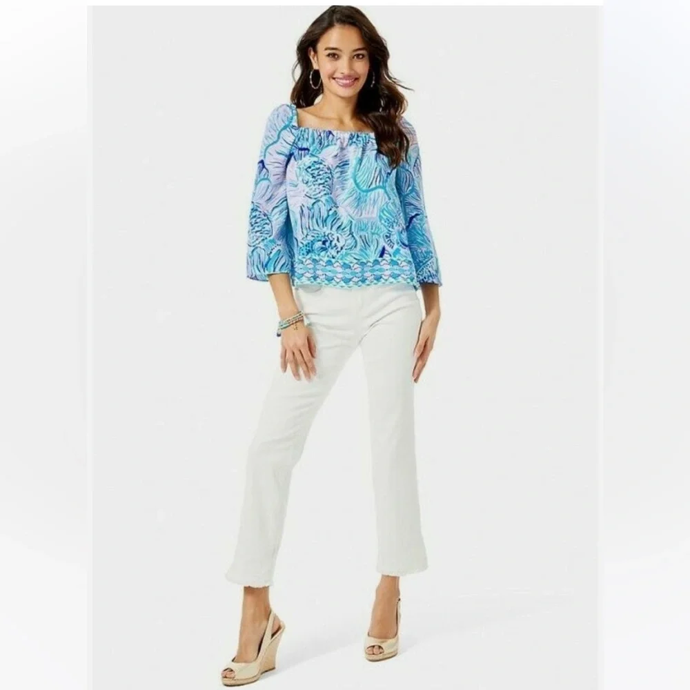 Lilly Pulitzer NWT Lizzie Bermuda Blue Fishful Thinking Blue Lilac Blouse Top M - Picture 10 of 10